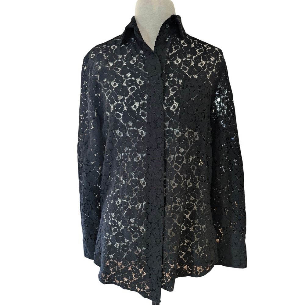 Calvin‎ Klein Womens Small Black Floral Lace Button Down Shirt Long Sleeve Goth